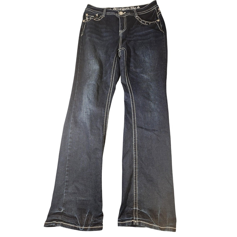 Answer Me Jeans Juniors 7 Blue Dark‎ Wash Bootcut Embroidered Rhinestone Stretch